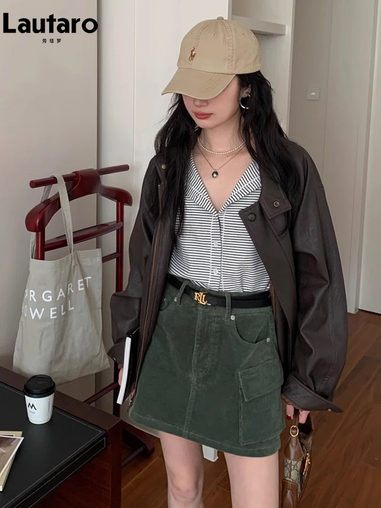 Lautaro Autumn Cool Brown Oversized Leather Jacket Women Drop Shoulder Long Sleeve Zippper High Quality American Retro Clothing 251010