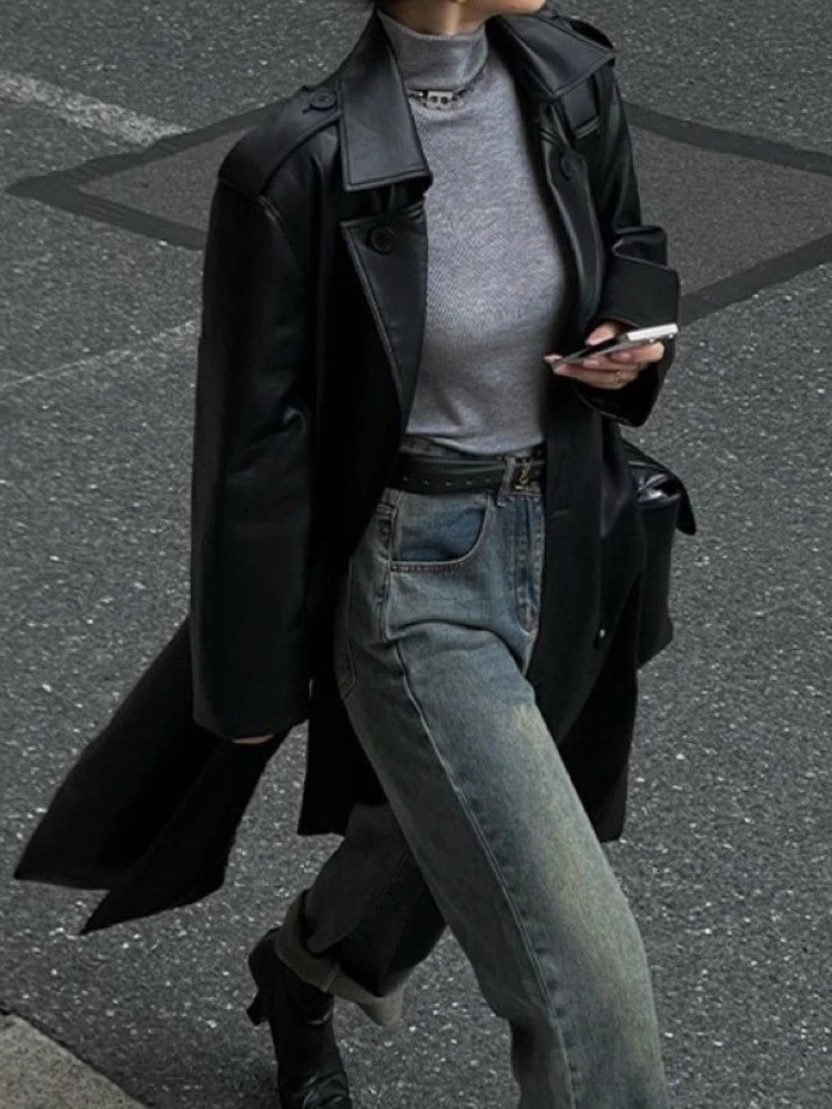 Autumn Winter Fashion Black Brown Retro Medium and Long Knee Pu Leather Jacket Highend Womens Loose Trench Coat 251018