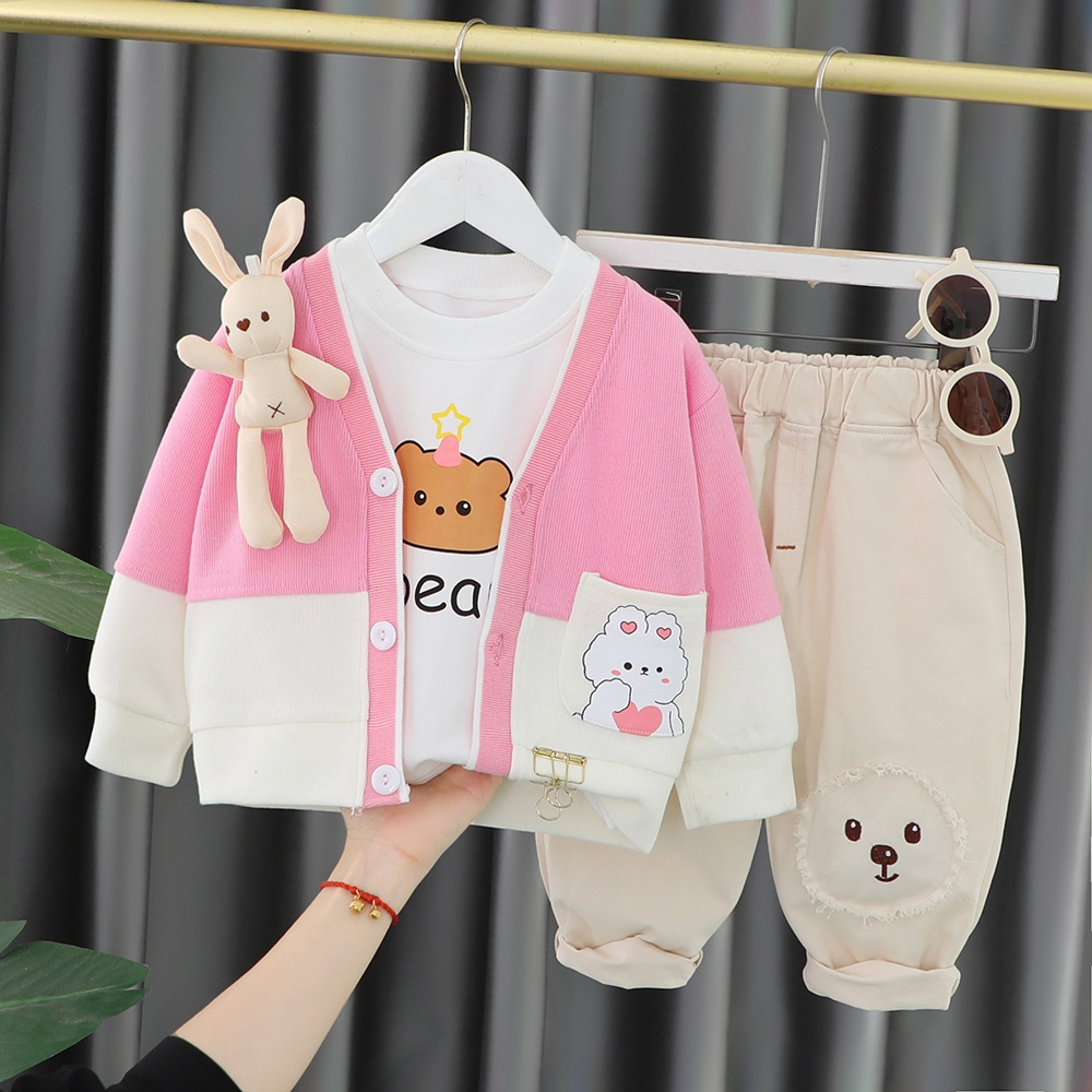 Baby cardigan three piece set for spring and autumn, 2025 new trendy children's clothing for boys and girls, spring set, college style, free ship