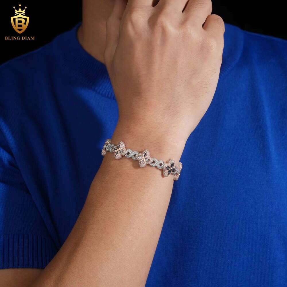 15mm Two-tone Flower Four-leaf Clover Sier Hip-hop Men's Jewelry Iced Cuban Chain Moissanite Infinity Rose Gold Pink Bracelet