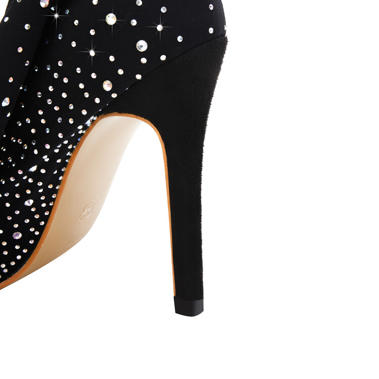 Crystal-Embellished Fishnet Over Knee Boots 11cm Stiletto Heel Stretch Fit Evening Glamour Boots Black