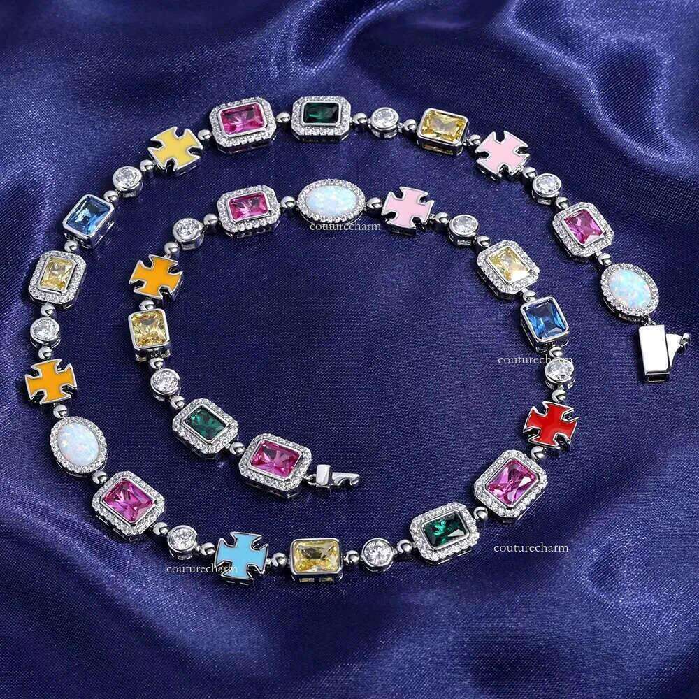 Nuoya 10mm Custom Multi Color Enamel Bling Moissanite Stone Sier Geometric Gemstone Motif Iced Out Chain Necklace