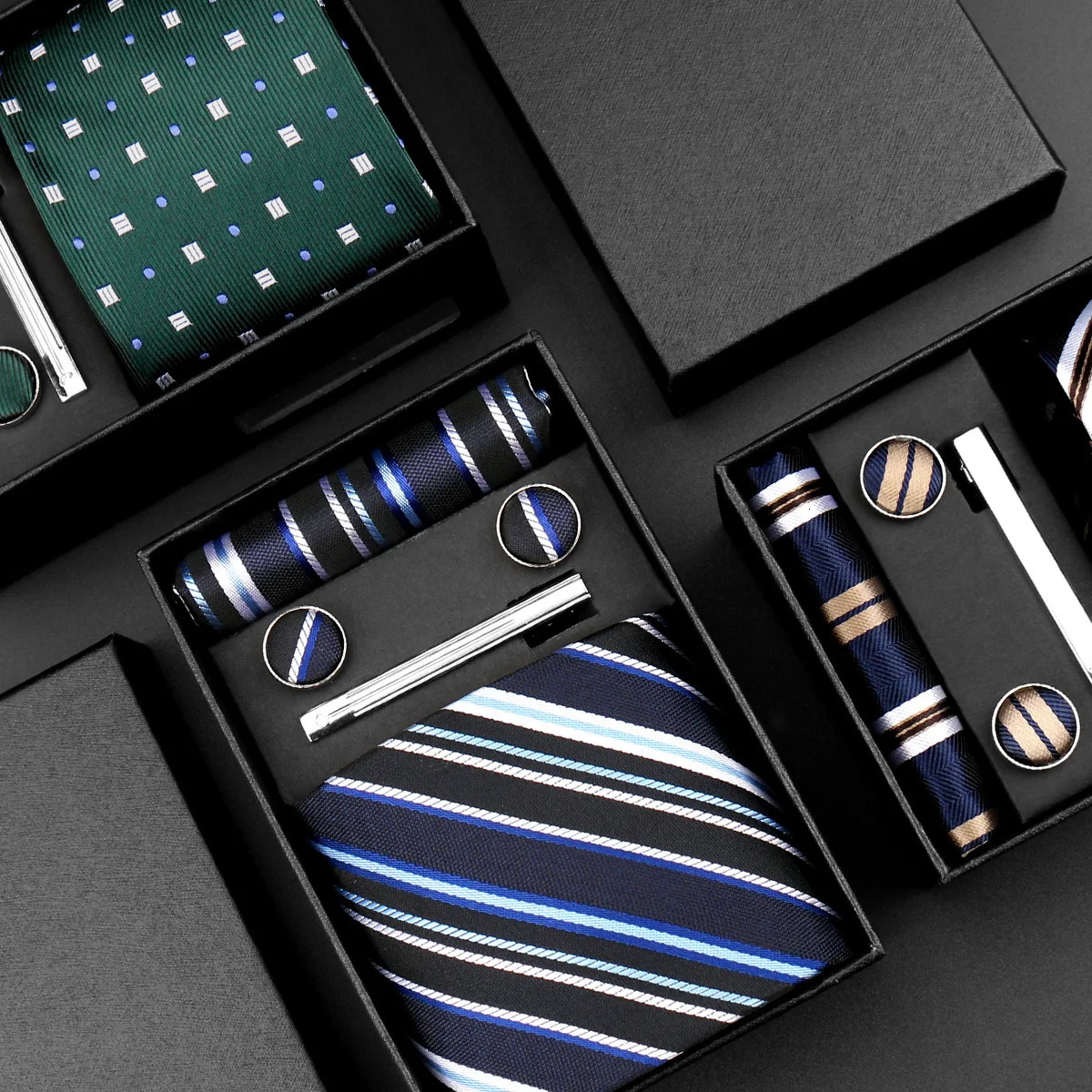 8cm Tie For Men Handkerchief Cufflink Tie Clip Set Man Wedding Gravata Suit Accessories Business Necktie Box Gift 251014