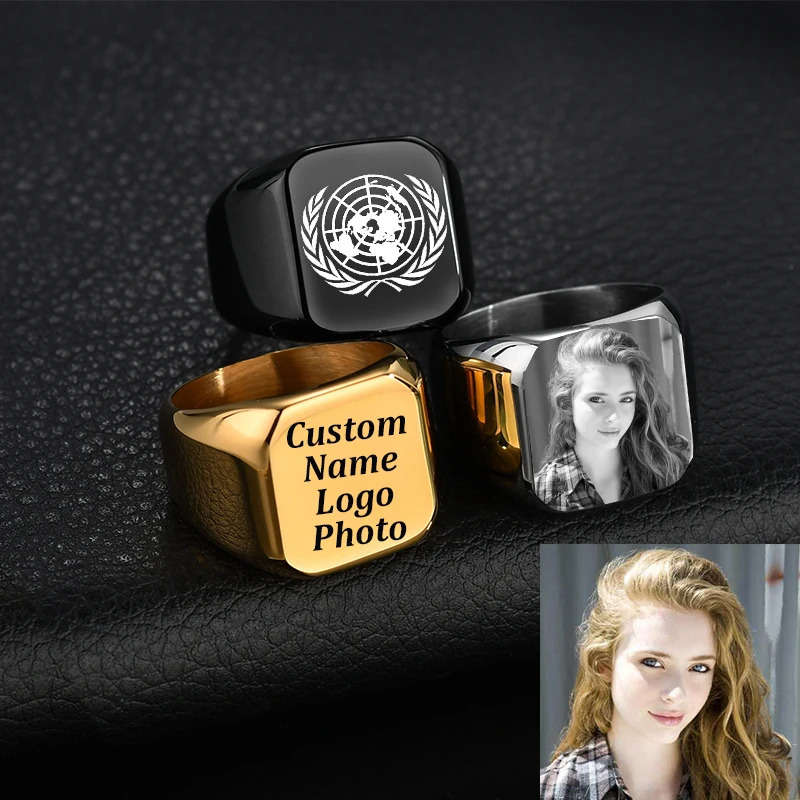 Customized Engraved Name Po Ring For Men Women Stainless Steel Square Width Personalized Family Lovers Jewelry Gift 251008