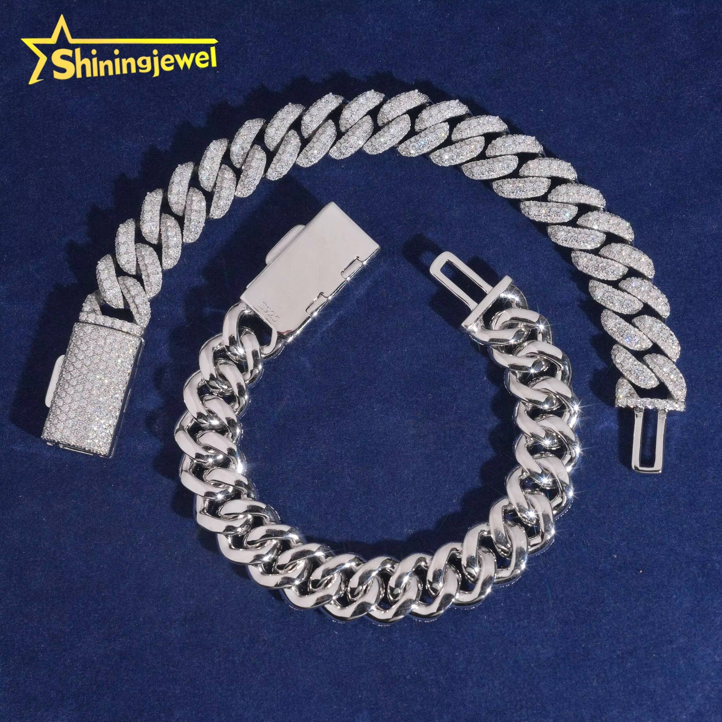 Hot Sale Cuban Chain Moissanite Men Hip Hop Sterling Silver 925 Gold Plated Moissanite Pass Diamond Test 13mm Cuban Bracelet