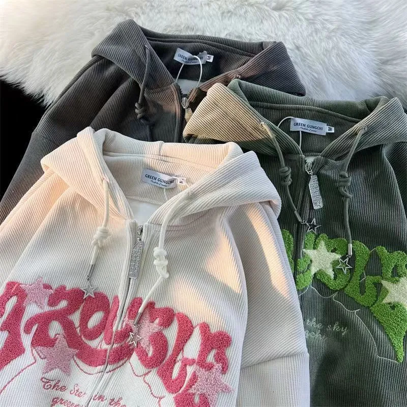 Thin Style Men's Sweatshirts Women Letter Embroidered Hoodies Autumn Winter Vintage Zip Up Loose Harajuku Y2K Long Sleeve Jacket Clothes