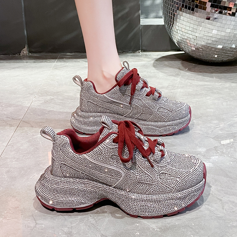 Women Luxury Sneakers Spring Lace-Up High Heel Rhinestone Casual Working Shoes Wearing Night Running Shoes Outside Breathable Height Increased Designe