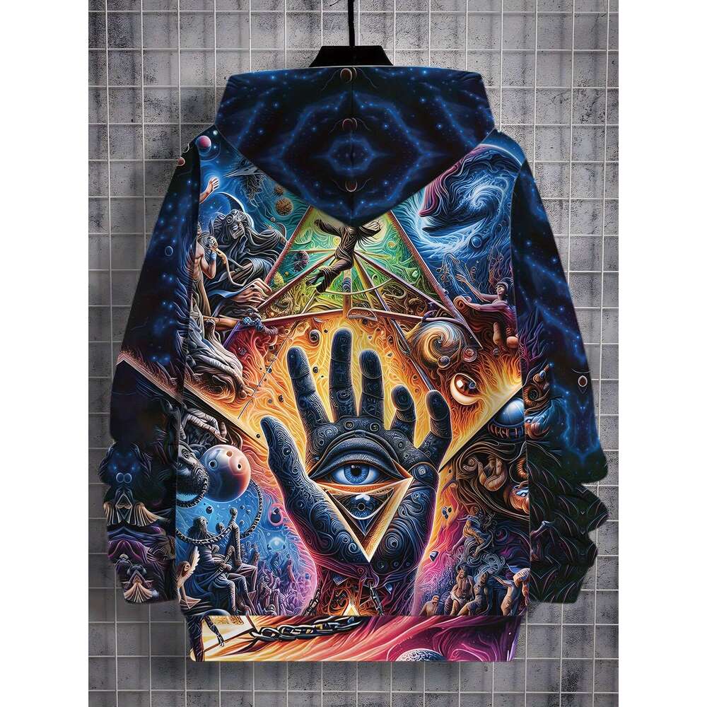 Men's Hooded Sweatshirt Psychedelic 60S Retro Graphic Pullover With Mystical Eyes, Cosmic Swirls Warm Winter Hoodie For Everyday & Themed Events 