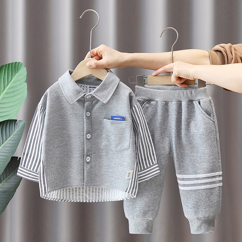Children's clothing, boys' spring clothing, spliced vertical stripe shirt set, 2025 new style, small and medium-sized boys' sports, spr