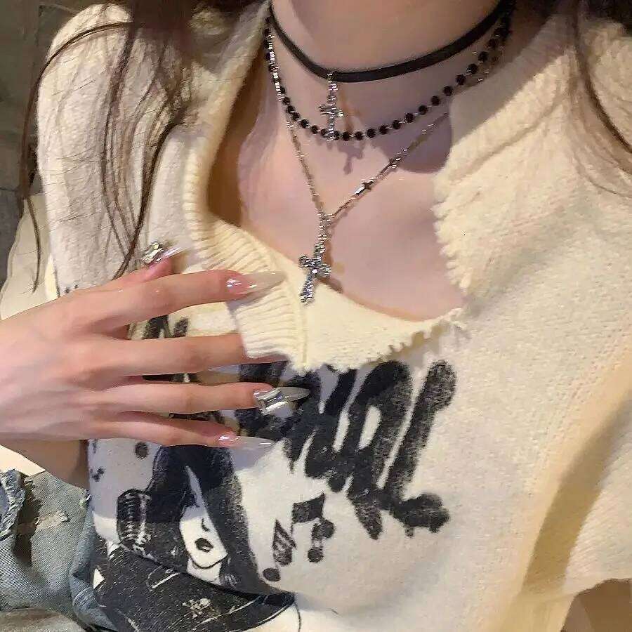 Gothic Punk Y2K Metal Cross Pendant Necklace For Women Men Lovers Vintage Multi Layer Bead Necklaces 90s EMO Charm Jewelry Gift