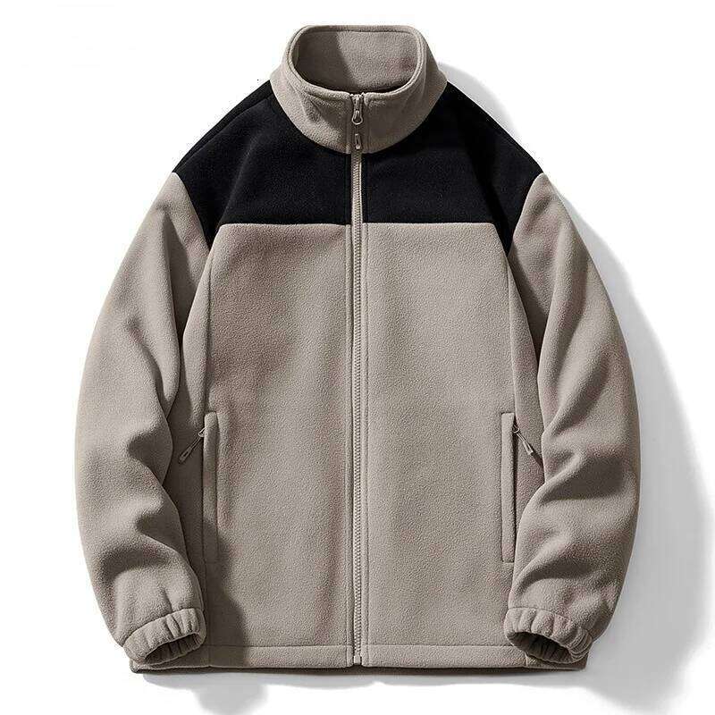Winter Warm Man Stand Collar Contrasting Color Cardigan Polar Coat Thickened Fleece Outdoor Windproof Jacket