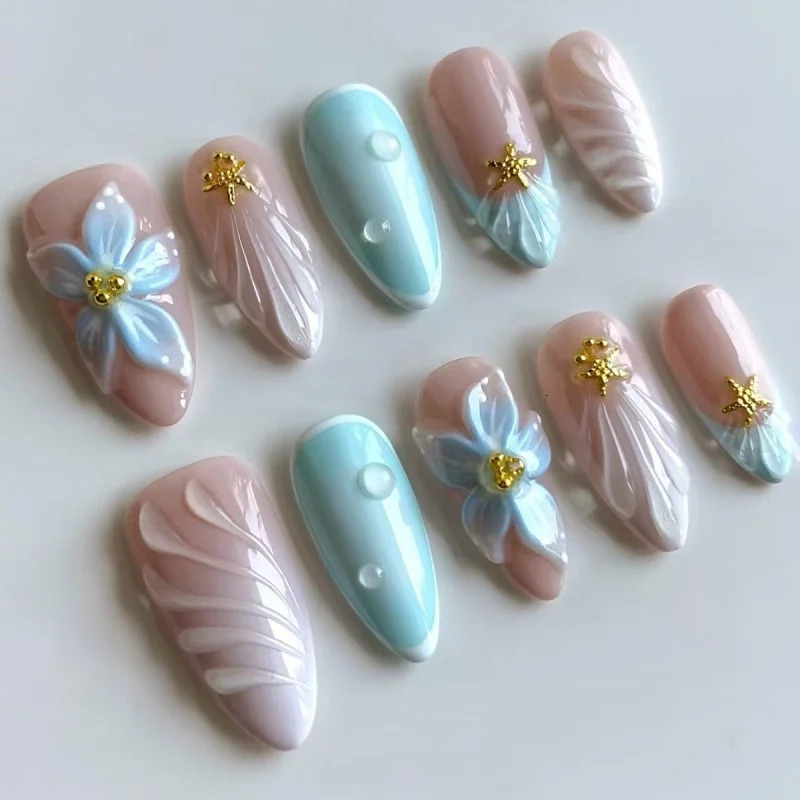 24Pcs 3D Green Ripple False Nails Cats Eye French Almond Fake Nail Tips Leaves Pattern Removable Oval Press on Nails 251015