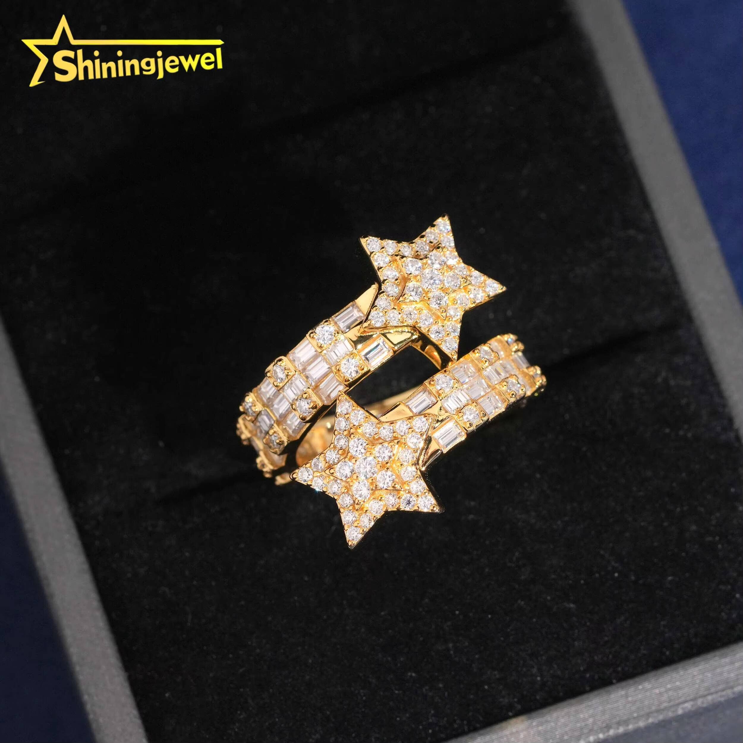 Pass Diamond Tester Full Iced Out Star Shape Hip Hop Rapper Jewelry VVS Moissanite Baguette Diamond 925 Silver Men Ring