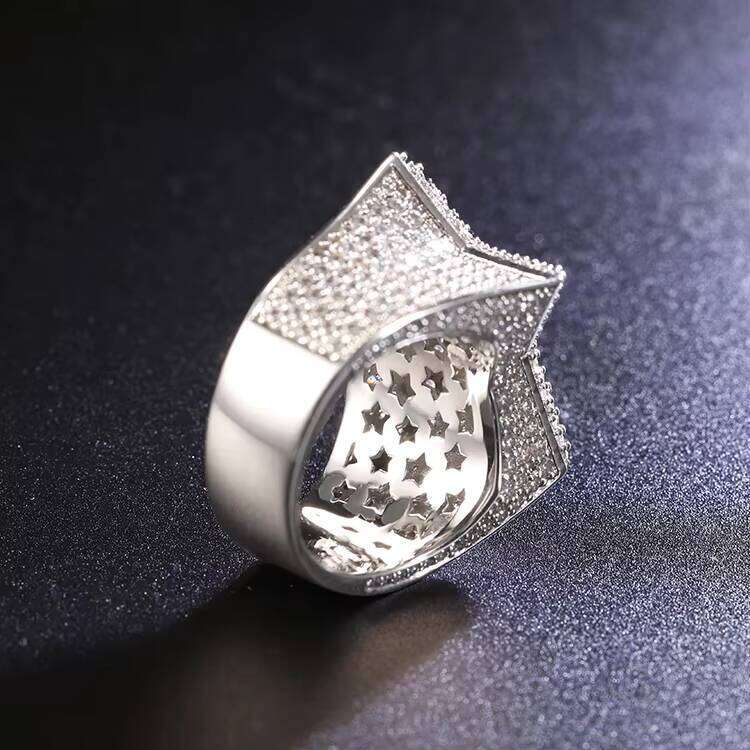 RTS 6# ~ 11# Size Lucky Star Ice Out Silicon Stone Hip Hop Style Cuban Sterling Silver Men's Ring