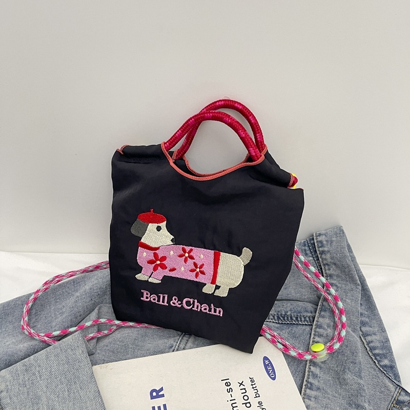 New Korean style designer embroidered cute sausage dog cartoon color blocked women's fashionable handbag multifunctional commuting shoulder bag
