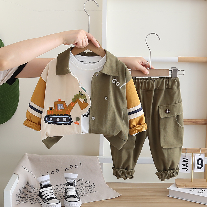 Boys' autumn fashion cartoon excavator three piece set, baby's autumn handsome baby clothes trendy children's fashion free shipping