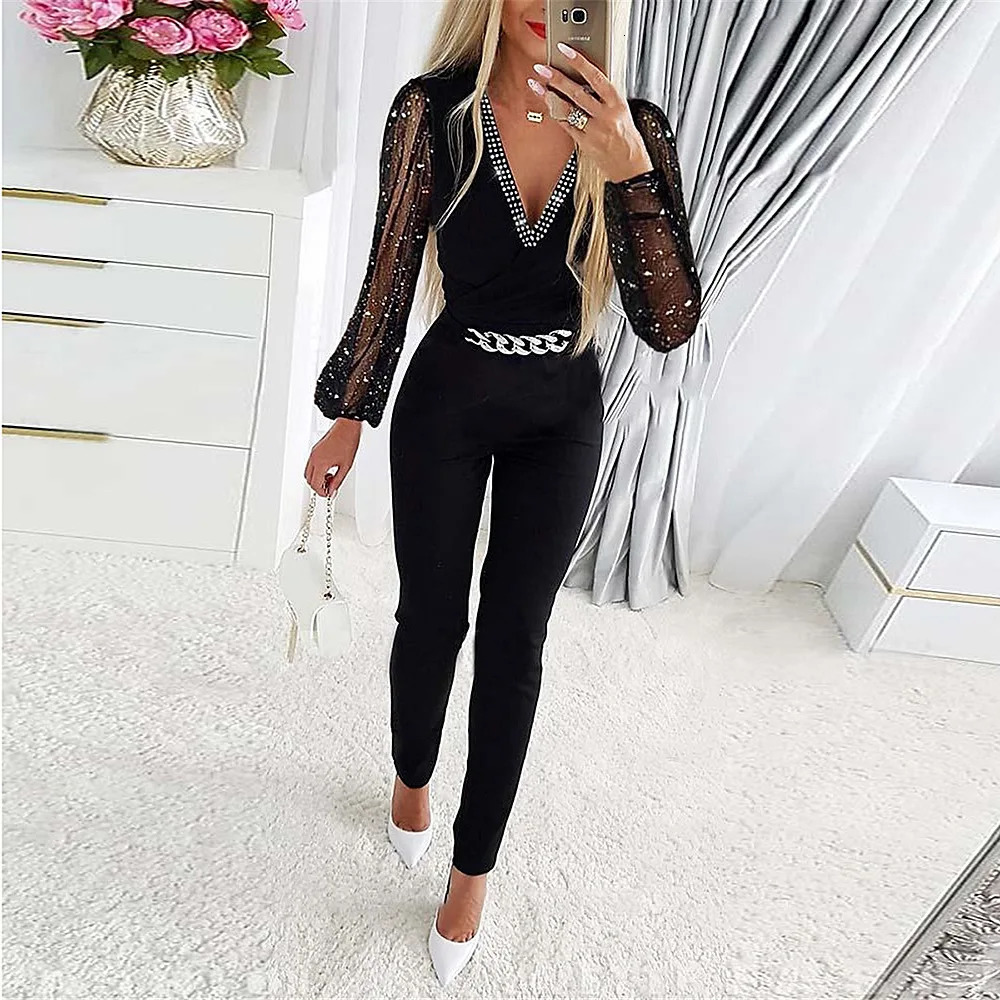 Jumpsuits Women One Piece V Neck Full Sleeve Tight High Waist Overalls Casual Sheath Long Pencil Pants Rompers Slim Fit Y2k 251016