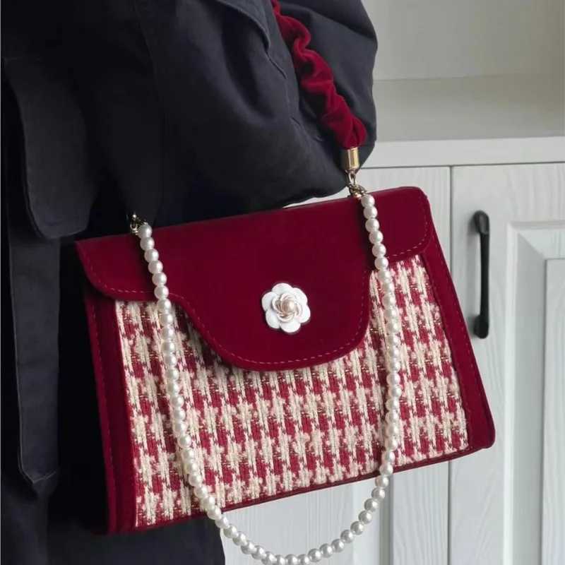 JIAERDI Vintage Red Velvet Handbag Purse Women Wedding Pearl Handle Square Messenger Bag Female Casual Crossbody Bags 2025 New Z251018