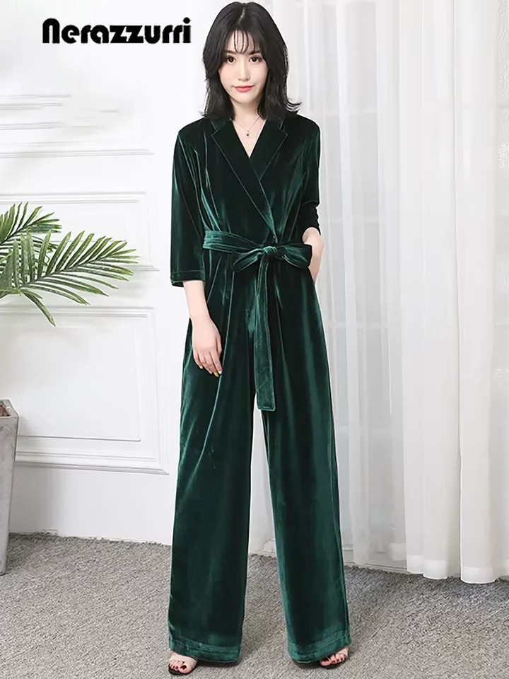 Nerazzurri Spring Autumn Long Soft Flowy Red Velvet Jumpsuit Women with Sleeves Sashes Maxi Black Wide Leg Floor Length Clothes 251016