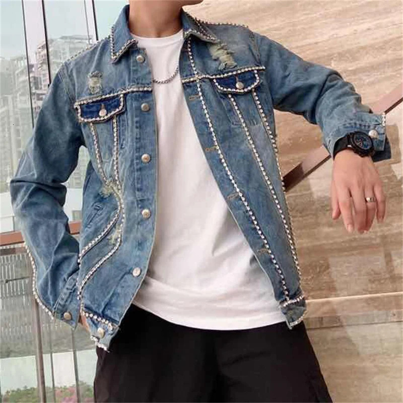 Diamond Border Printing Fashion Mens Denim Slim Fit Bomber Jacket Mens Autumn Casual Hip Hop Denim Jacket Veste En Jean 251014
