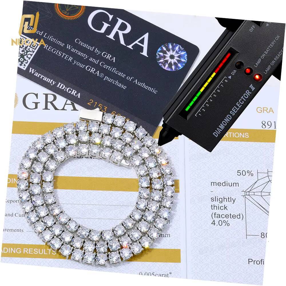 NUOYA Moissanite Tennis Chain Necklace 925 Silver Iced Out Round Cut Pass Diamond Tester Tennis Chain Womens Fine Jewelry Gift