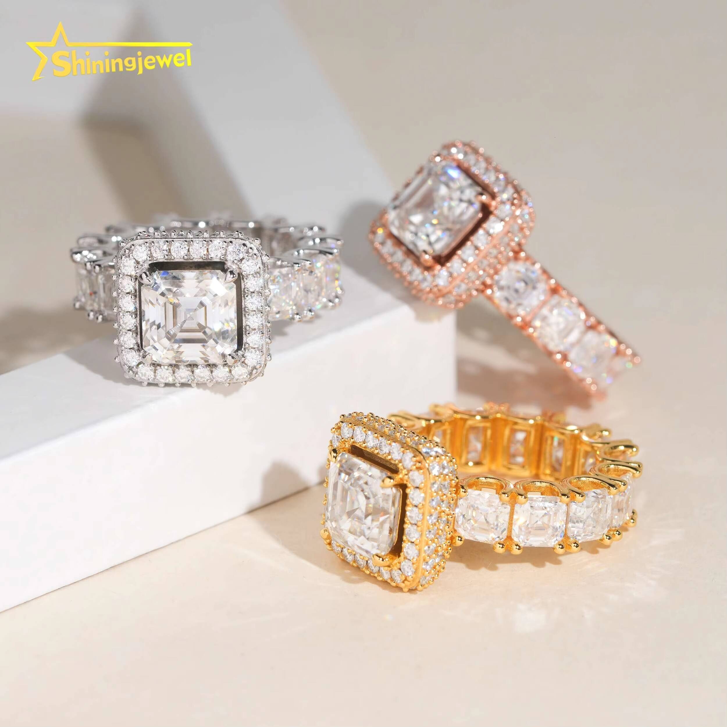 Iced Out Diamond Wedding Ring Hip Hop Jewelry Asscher Cut Diamond 925 Silver VVS Moissanite Engagement Ring for Women