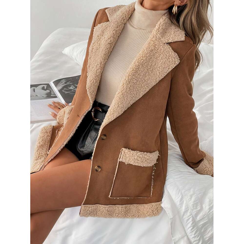 Elegant Women's Fleece-Lined Polyester Blazer, Solid Color, Long Sleeve, Woven Fabric, For All-Season Jacket