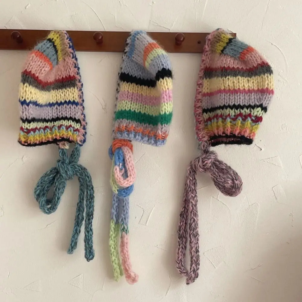 Fashion Color Striped Balaclava Hat Ear Protector Windproof Hand Crocheted Hat Neck Tie Pullover Bean Cap 251014