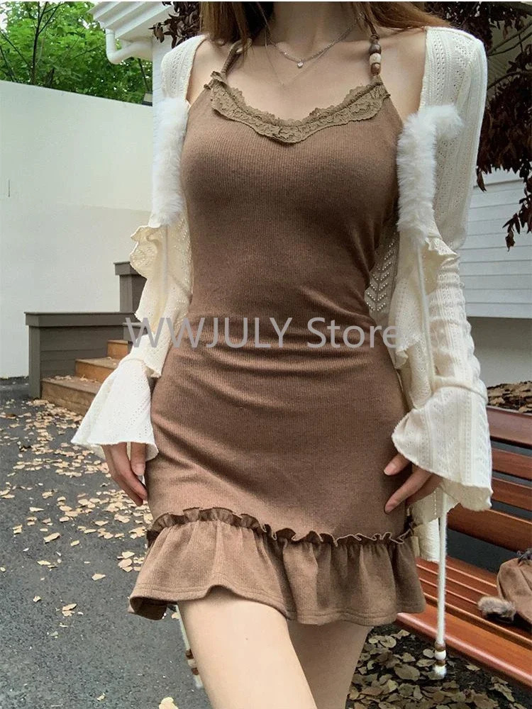 American Style Vintage 2 Piece Set Spicy Girl Sexy Sleeveless Mini Dress Knitted Ruffle Y2k Cardigan Korean Fashion Suit Woman 251014