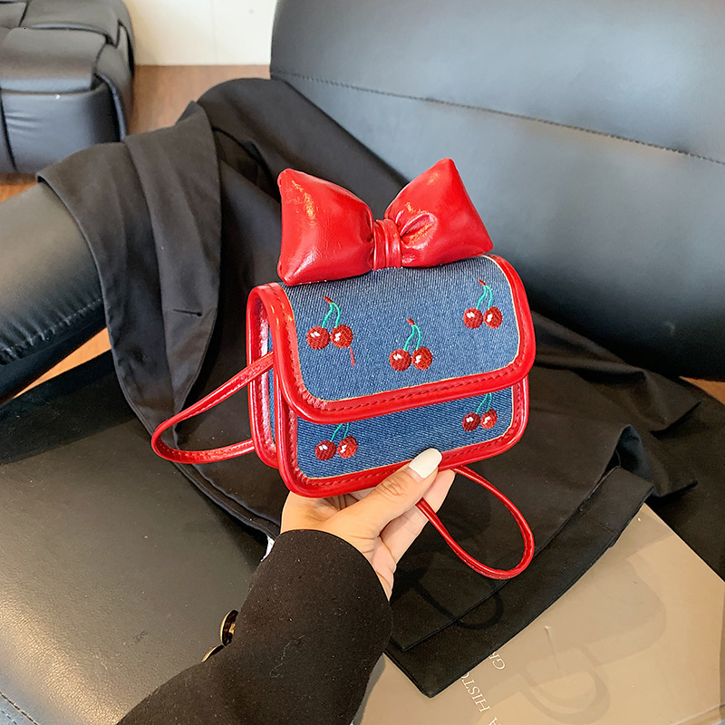 Luxury Brand Designer Bag New Cute Girly Style Bow Mini Square Bag Fashionable Denim Children's Cherry Exquisite Crossbody Bag