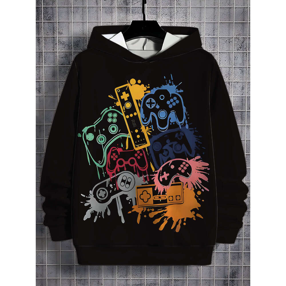 Men's Gaming Graphic - Retro Controller Design Sweatshirt In Black With Neon Splatter, Hine Washable Pullover Hoodie For Gamers, Casual Winter &