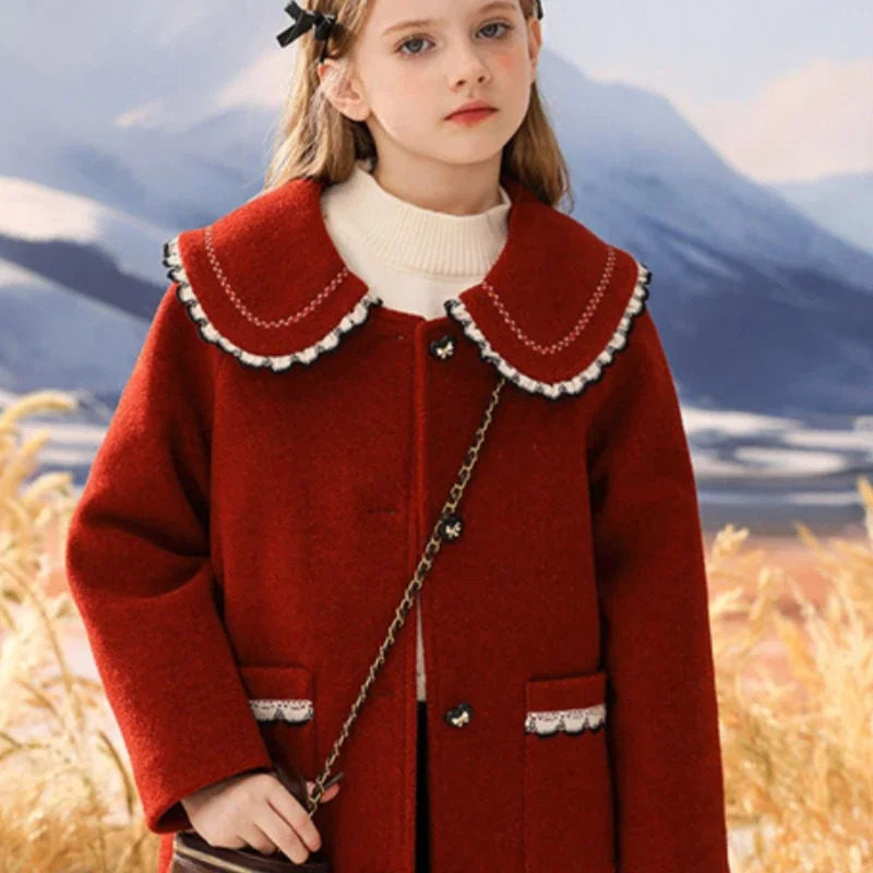Girls Woolen Coat Jacket Windbreak Red Wine Warm Thicken Winter Cotton Overcoat Christmas Teenagers Childrens Clothing 251015