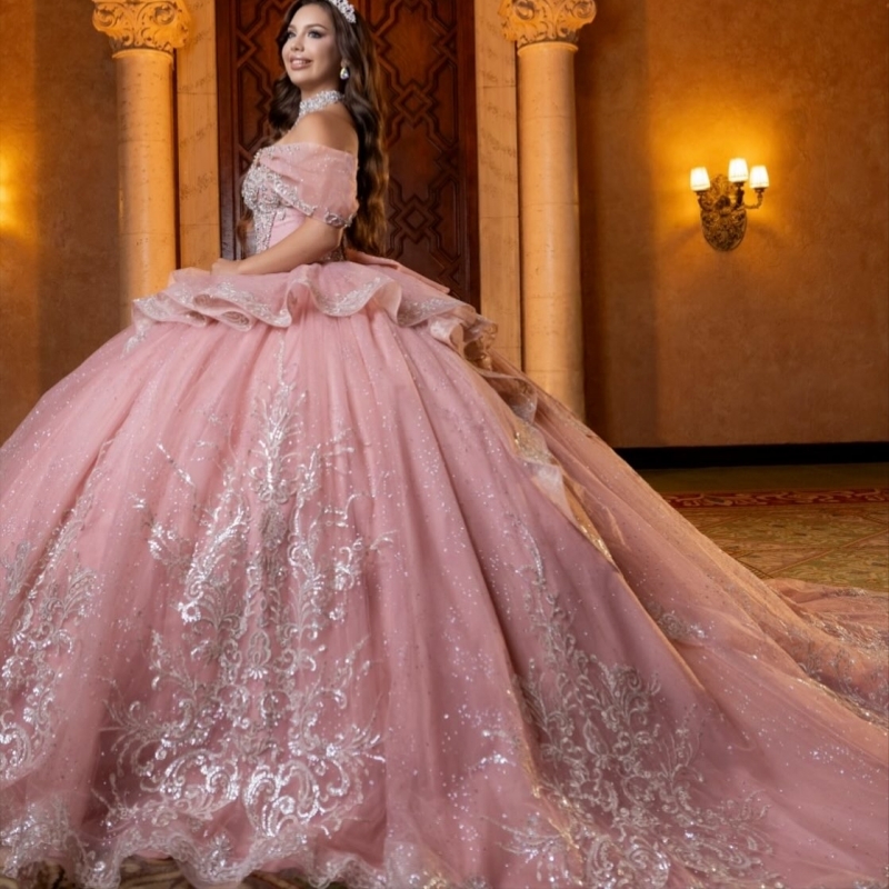 Pink Shiny Quinceanera Dresses Off The Shoulder Silvery Applique Lace Beading Crystal Tull Corset Party Birthday Sweet 16 Dres Vestidos 15 De Anos