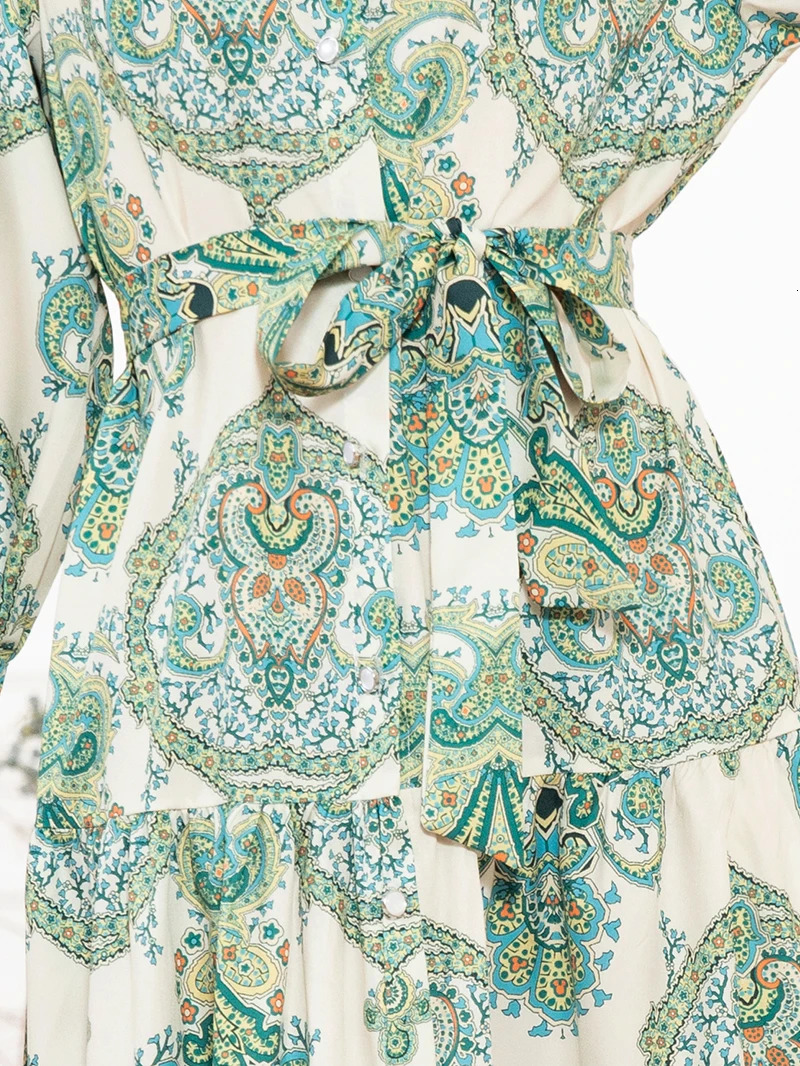 Elegant style High collar Flowers Belt Shirt sleeve Mid Long Dresses Mint green 251017