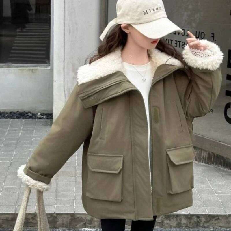 Thickened Fleed Collared Korean Style Cargo Jacket For Big Kids Girls Warm & Insulated Outdoor Winter Coat