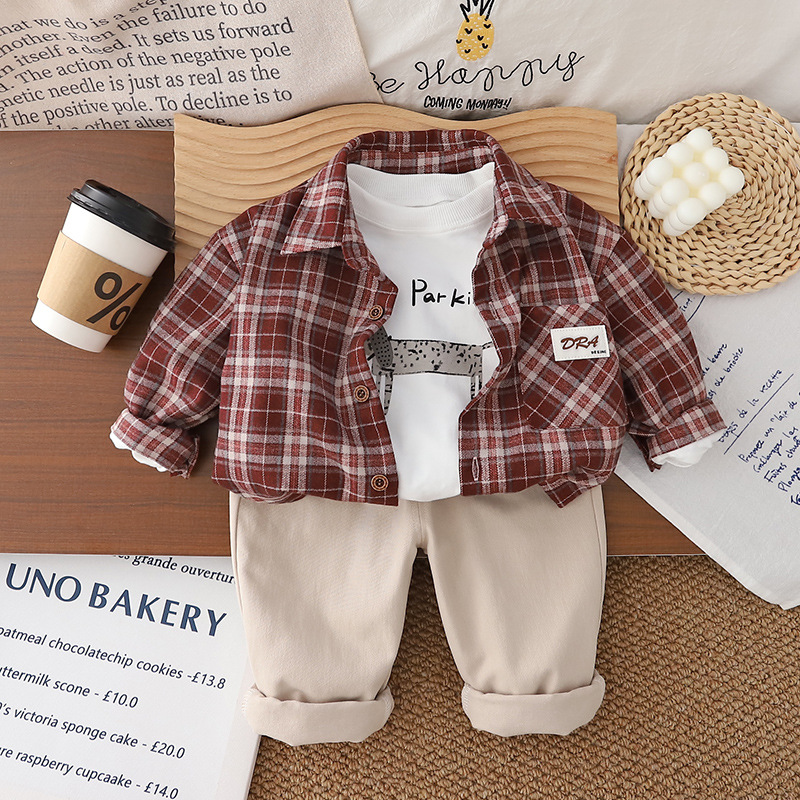 Boys' Spring and Autumn 2025 Autumn Edition Korean Edition Children's Fashionable Label Plaid Shirt 3-Piece Set Trendy