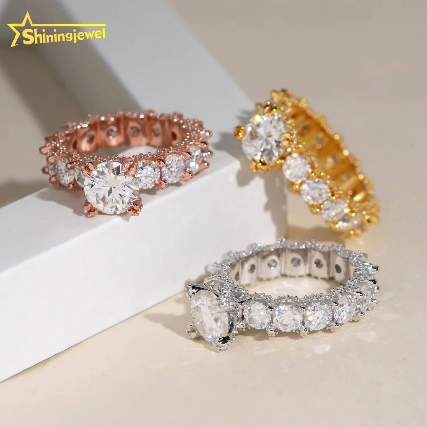 Shiningjewel New Luxury Eternity Ring Side Setting GRA Certificate 925 Iced Out Diamond Engagement Wedding Band Ring Moissanite