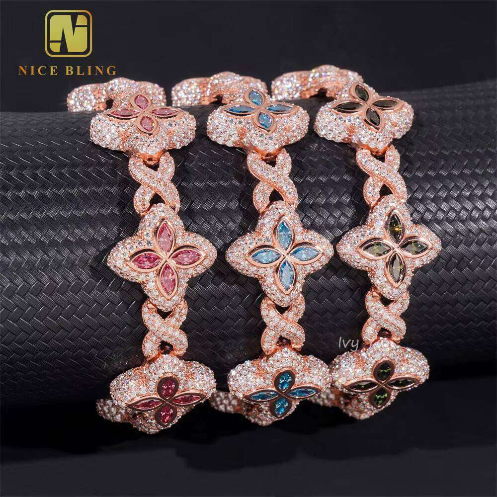 Rich Color Luxurious Floral Design 18mm Iced Out Hip Hop Unisex Jewelry Cuban Chain Sier VVS Sandstone Bracelet