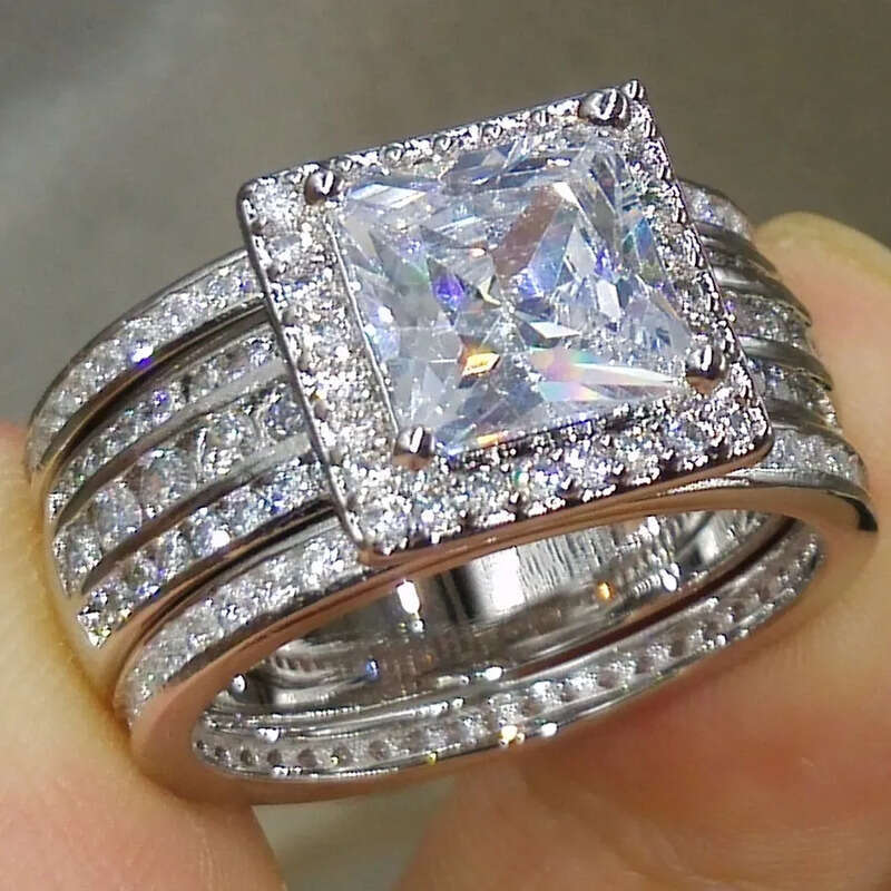 Victoria Wieck 3PCS Jewelry Princess Cut 10KT White Gold Filled Party Topaz Dia Women Wedding Band Finger Ring Gift