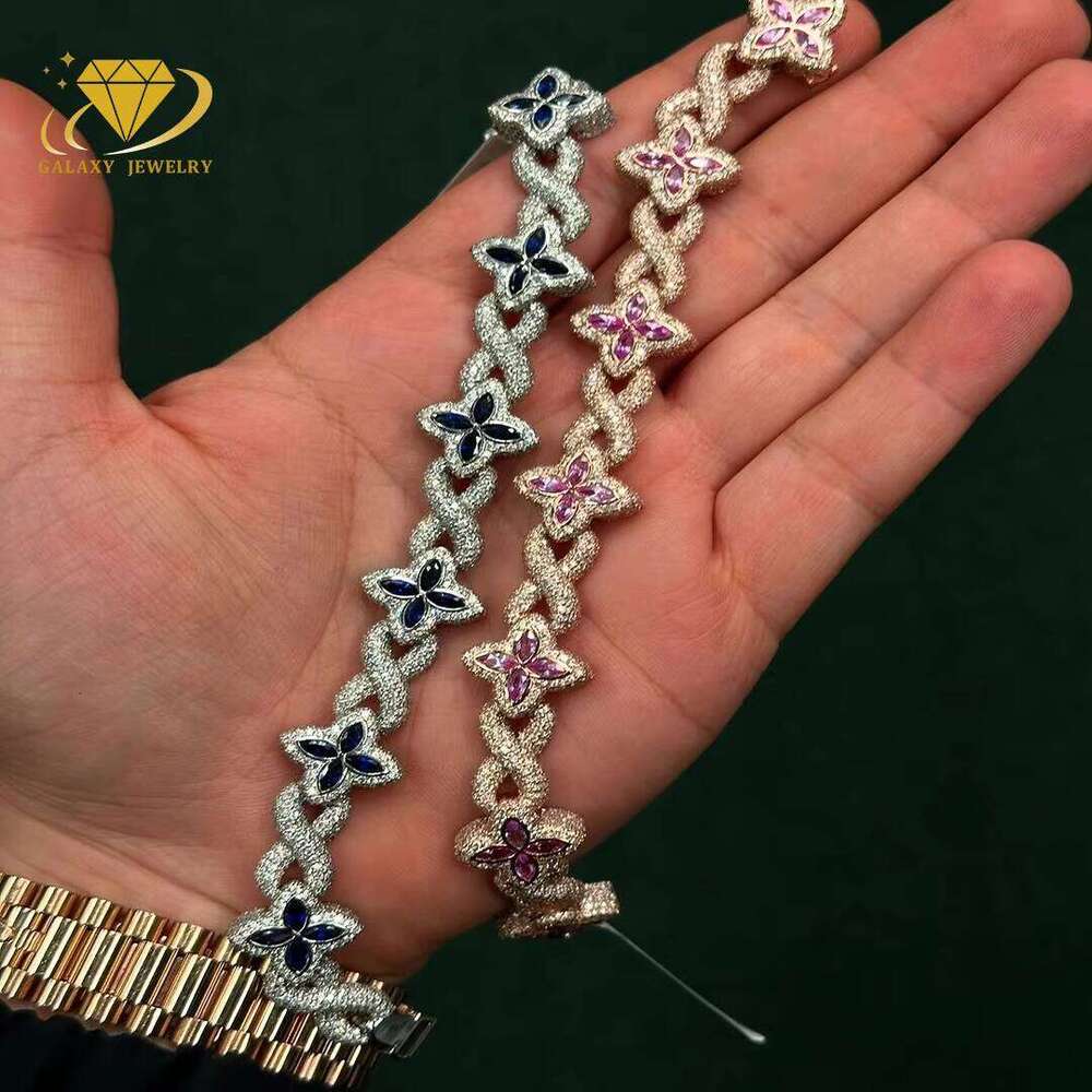 New Style Fancy Color Moissanite Cuban Chain Pure Sier Four-Leaf Clover Infinity Bracelet Men's Jewelry