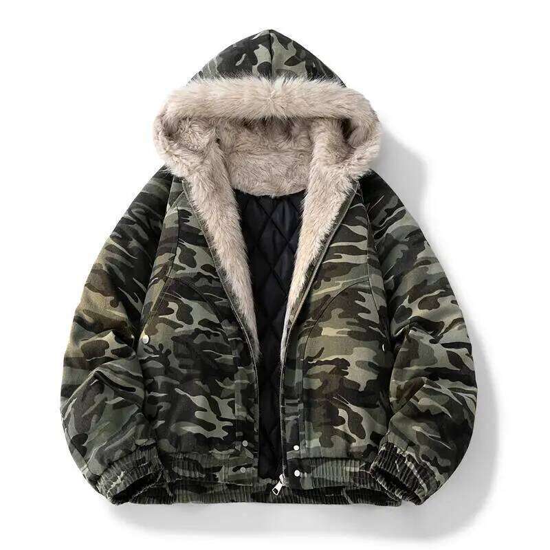 Men's Retro Camouflage Fleece-Lined Faux Fur Collar Autumn & Winter Loose Fit Sports Hooded Parka Cotton-Padded Jacket