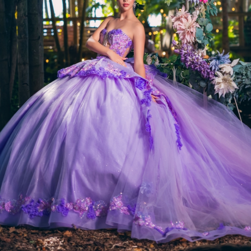 Lavender Shiny Quinceanera Dresses Off The Shoulder Applique Flower Beading Crystal Tull Party Birthday Sweet 16 Dres Vestidos 15 De Anos