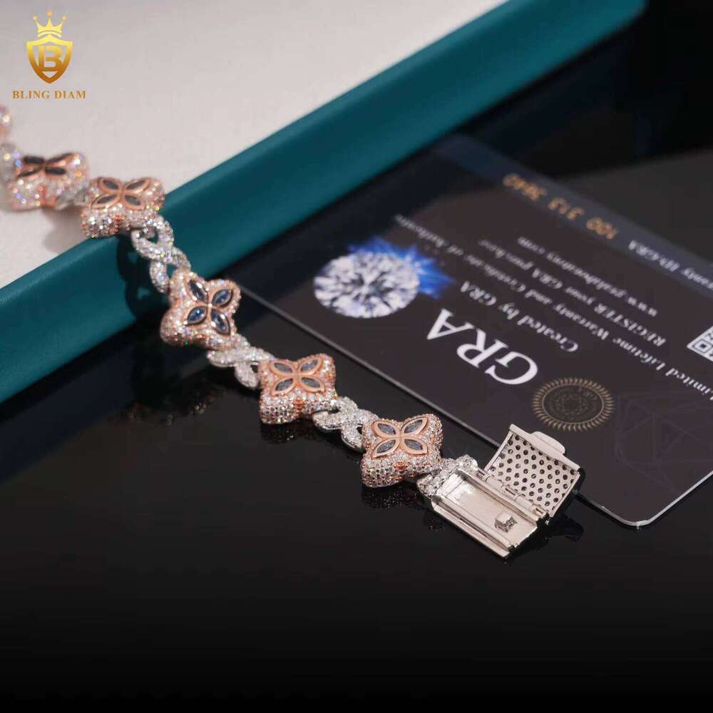15mm Two-tone Flower Four-leaf Clover Sier Hip-hop Men's Jewelry Iced Cuban Chain Moissanite Infinity Rose Gold Pink Bracelet