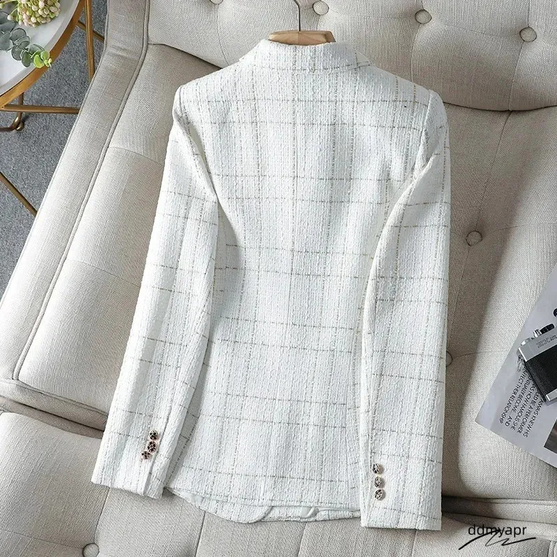 Ladies Jackets: ddmyApr Elegant White Suit Autumn Winter Wool Tweed Jacket, Casual Small Fragrance Outwear, Temperament Blazer Female Top