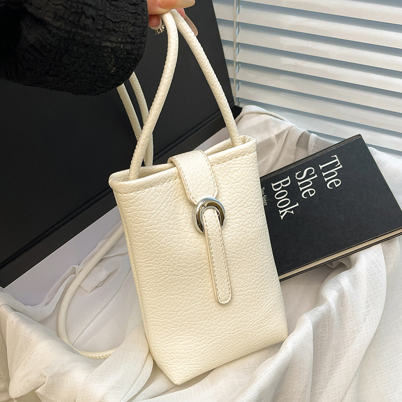 Luxury Brand Designer Bag Lychee Grain Soft Leather Single Shoulder Crossbody Vertical Phone Bag Korean Style Literary Simple Solid Color Fresh Casual