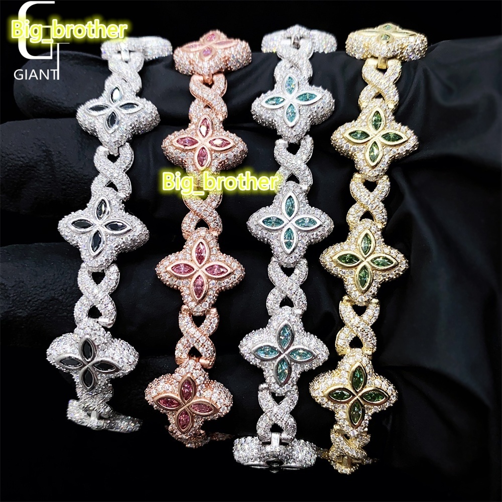 Luxury Colorful Marquise Flower Design 15mm Custom Iced Out Hip Hop Jewelry Cuban Link Chain 925 Silver VVS Moissanite Bracelet