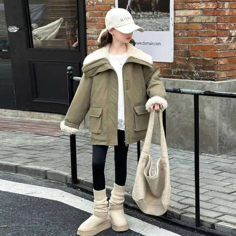 Thickened Fleed Collared Korean Style Cargo Jacket For Big Kids Girls Warm & Insulated Outdoor Winter Coat
