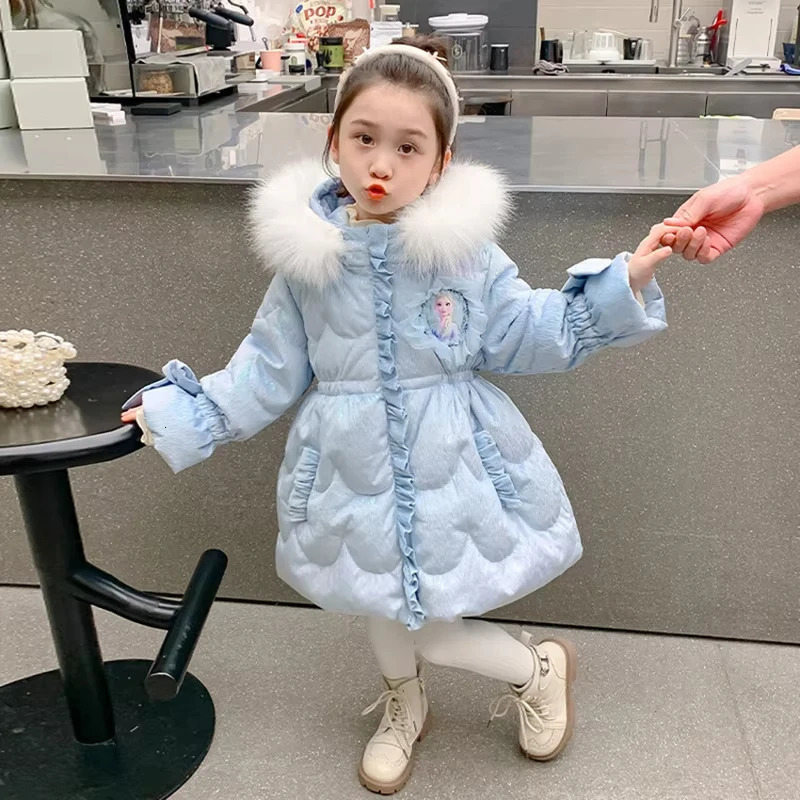 Frozen Elsa Girls Downcoat Winter Kid Clothes Fur Collar Hooded Padded Cotton Thicked down Jacket Children Princess Costume 251017