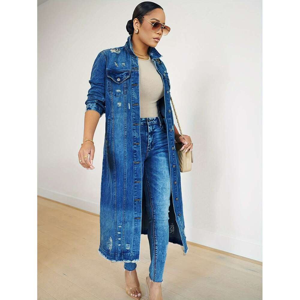 VOCKOO Women's Casual Faux Denim Trench Coat, Sleeve, Solid Color, Non-Stretch, Long Length, With Washed Detail, For Fall/Winter Collection