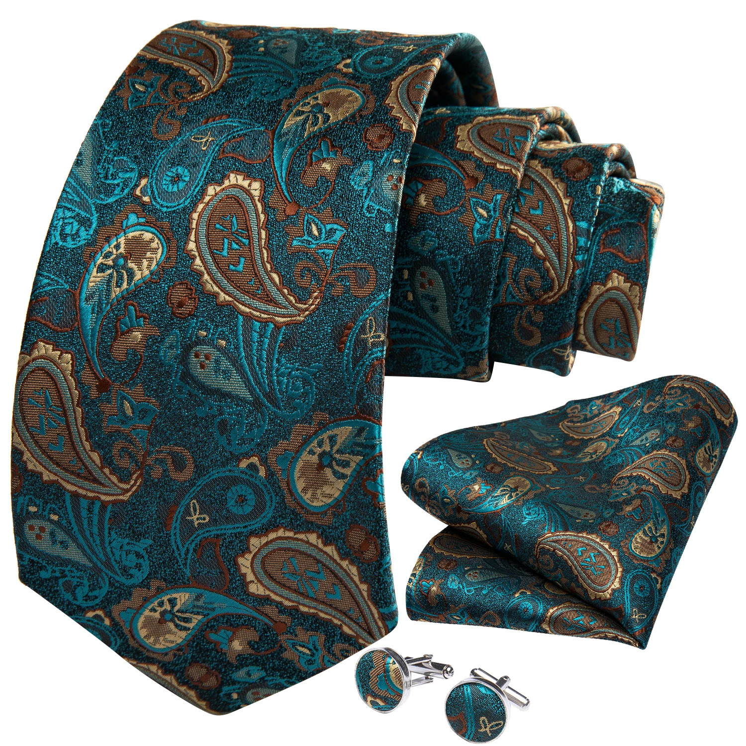 8cm Mens Silk Polyester Ties Pocket Square Cufflinks Green Gold Paisley Wedding Party Accessories Necktie Gift 251014
